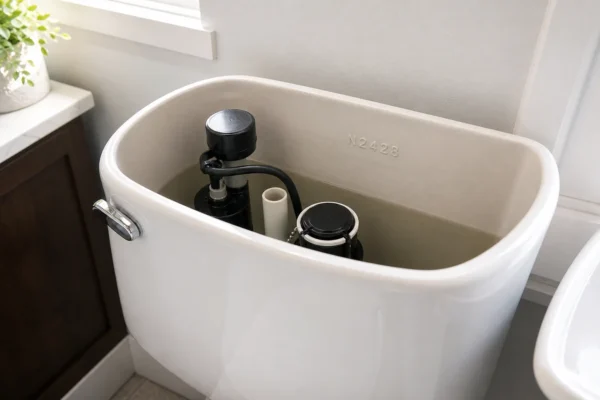 How to identify Glacier Bay toilet parts: homeowner reading the N-prefix model number molded inside a Glacier Bay toilet tank