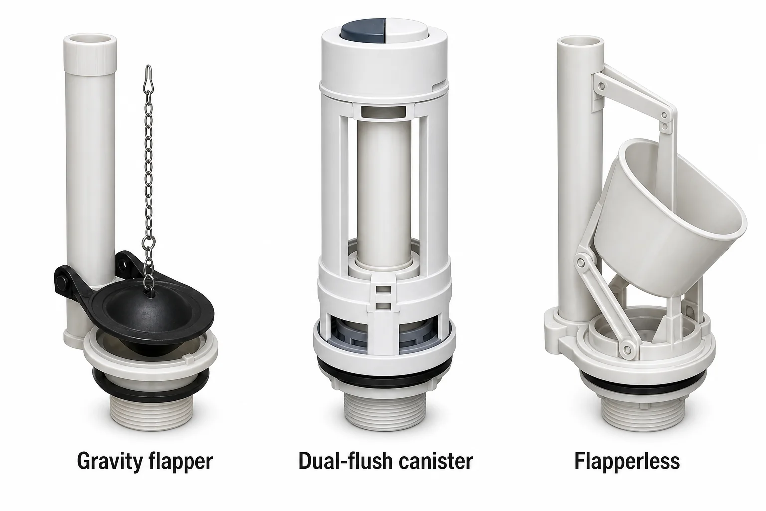 Three Glacier Bay flush-system classes side by side: gravity flapper, dual-flush canister, and flapperless
