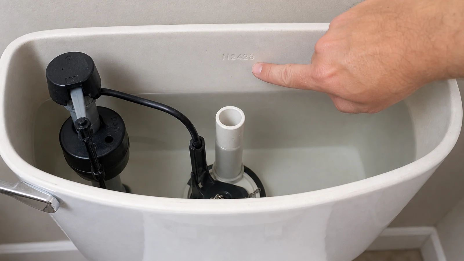 Inside a Glacier Bay toilet tank: the N-prefix model number molded into the back wall above the water line