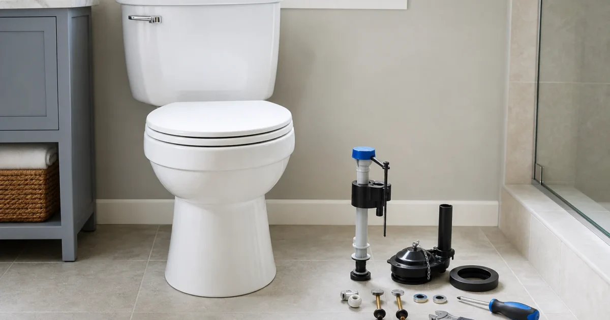 A homeowner comparing a repair kit next to a new toilet, illustrating when to replace the whole toilet versus repair it