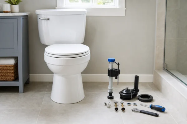 A homeowner comparing a repair kit next to a new toilet, illustrating when to replace the whole toilet versus repair it