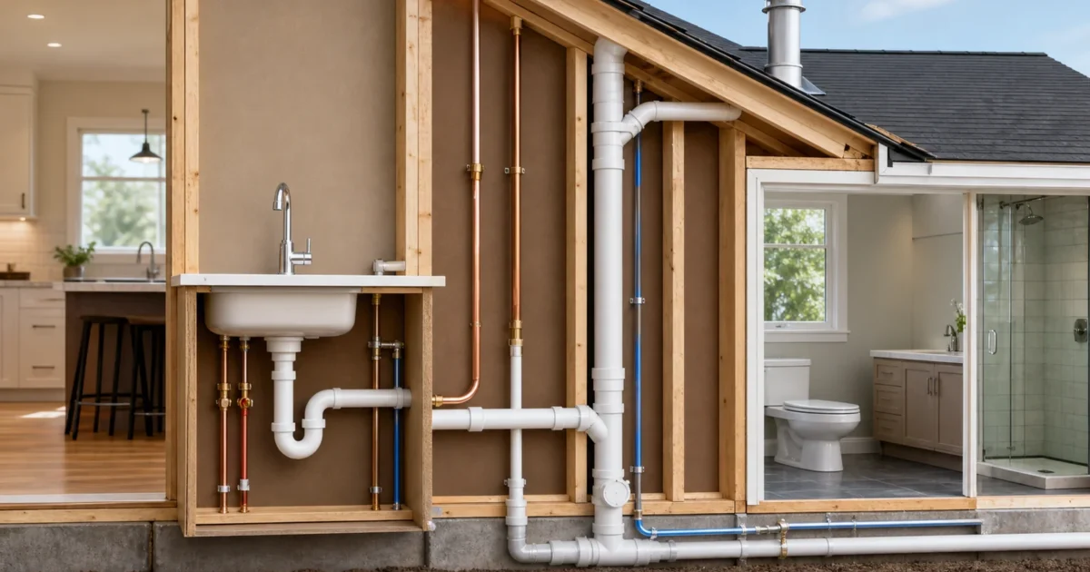 Drains and pipes guide: diagram of a home's supply and DWV plumbing system with labeled P-trap, drain stack, and vent pipe