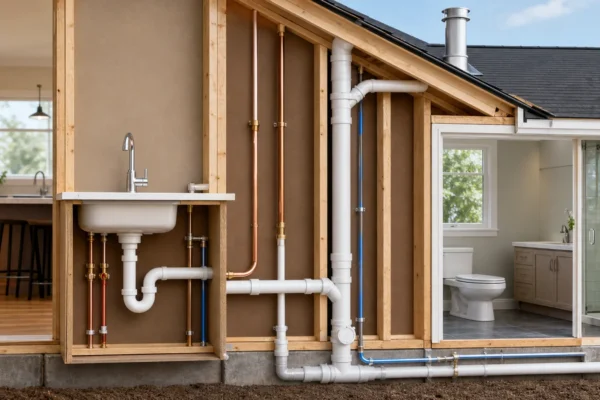 Drains and pipes guide: diagram of a home's supply and DWV plumbing system with labeled P-trap, drain stack, and vent pipe