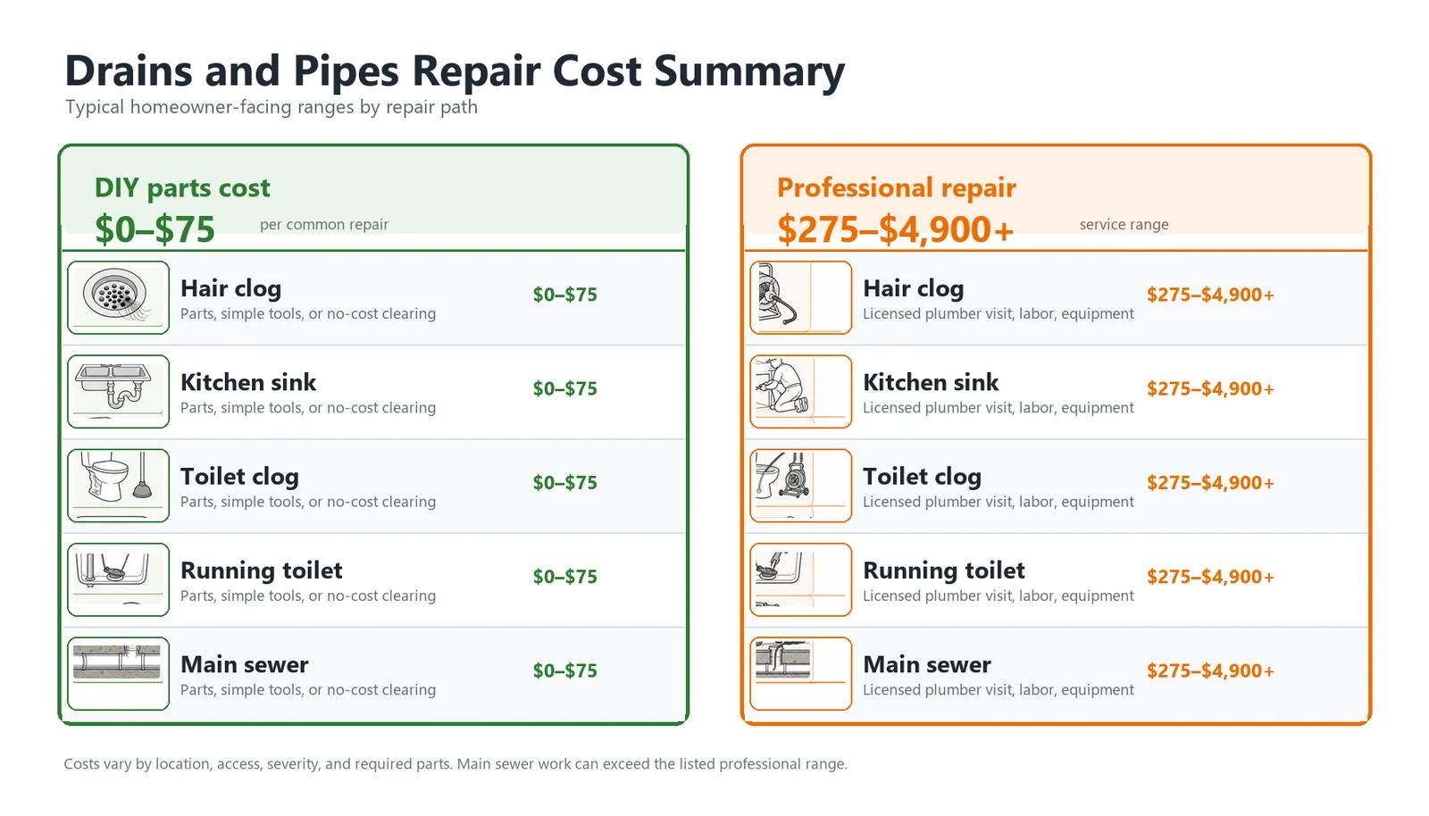 Drains and pipes guide repair cost comparison: DIY parts cost $0–$75 for common fixes; professional plumber rates range from $275 for simple clogs to $4,900+ for sewer main excavation