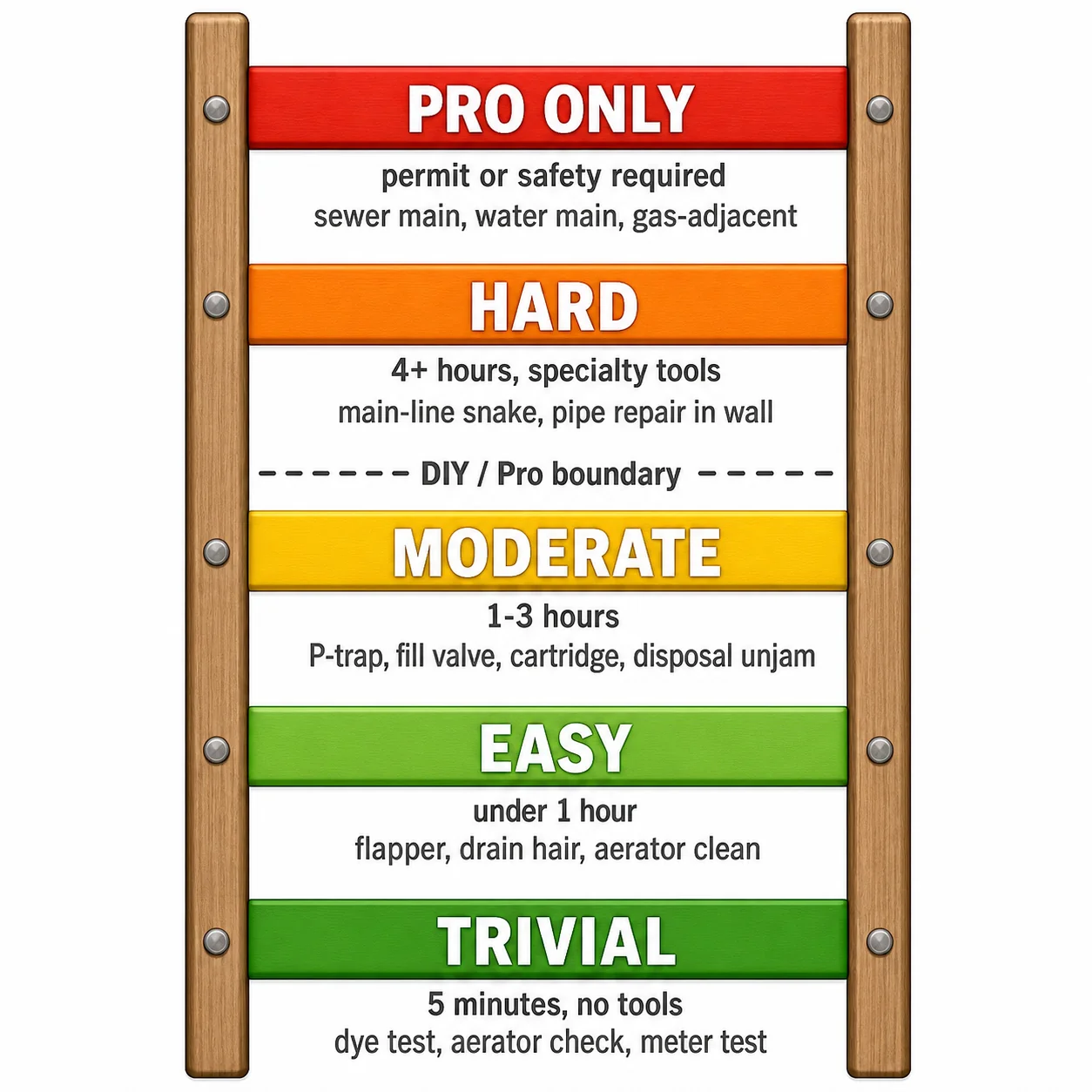 Plumbing repair difficulty ladder: the bottom three rungs are DIY territory; the top two require a licensed plumber