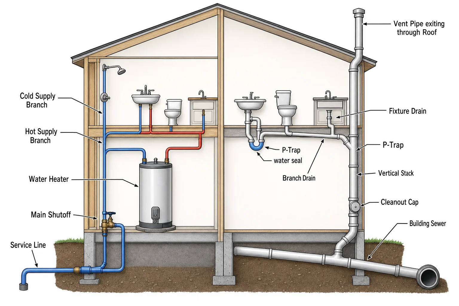 Diagram of home plumbing: supply pipes bring clean water in under pressure; DWV pipes and P-traps carry waste out by gravity through the drain stack and sewer