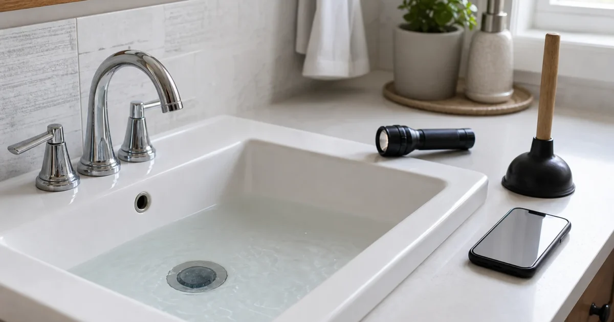 A homeowner deciding when to call a plumber for drain problems while inspecting a slow bathroom sink drain