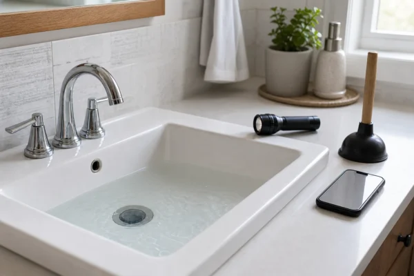 A homeowner deciding when to call a plumber for drain problems while inspecting a slow bathroom sink drain