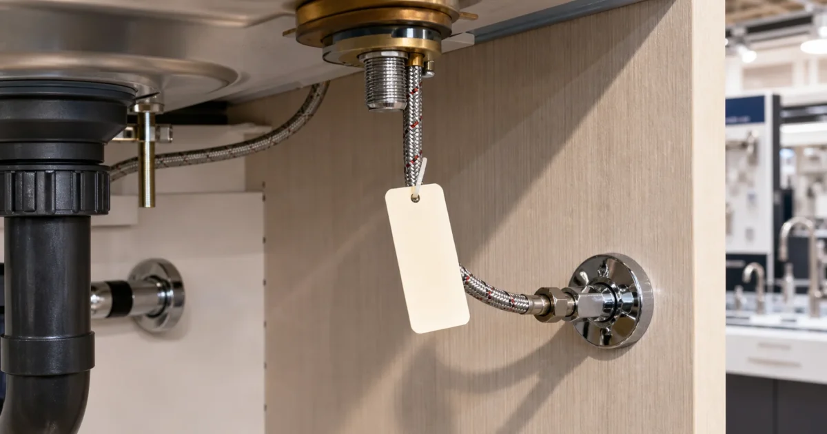 Under-sink view of a Pfister faucet with a model-number tag on the supply line — how to identify a pfister faucet cartridge