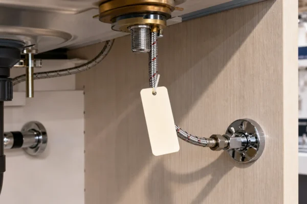Under-sink view of a Pfister faucet with a model-number tag on the supply line — how to identify a pfister faucet cartridge