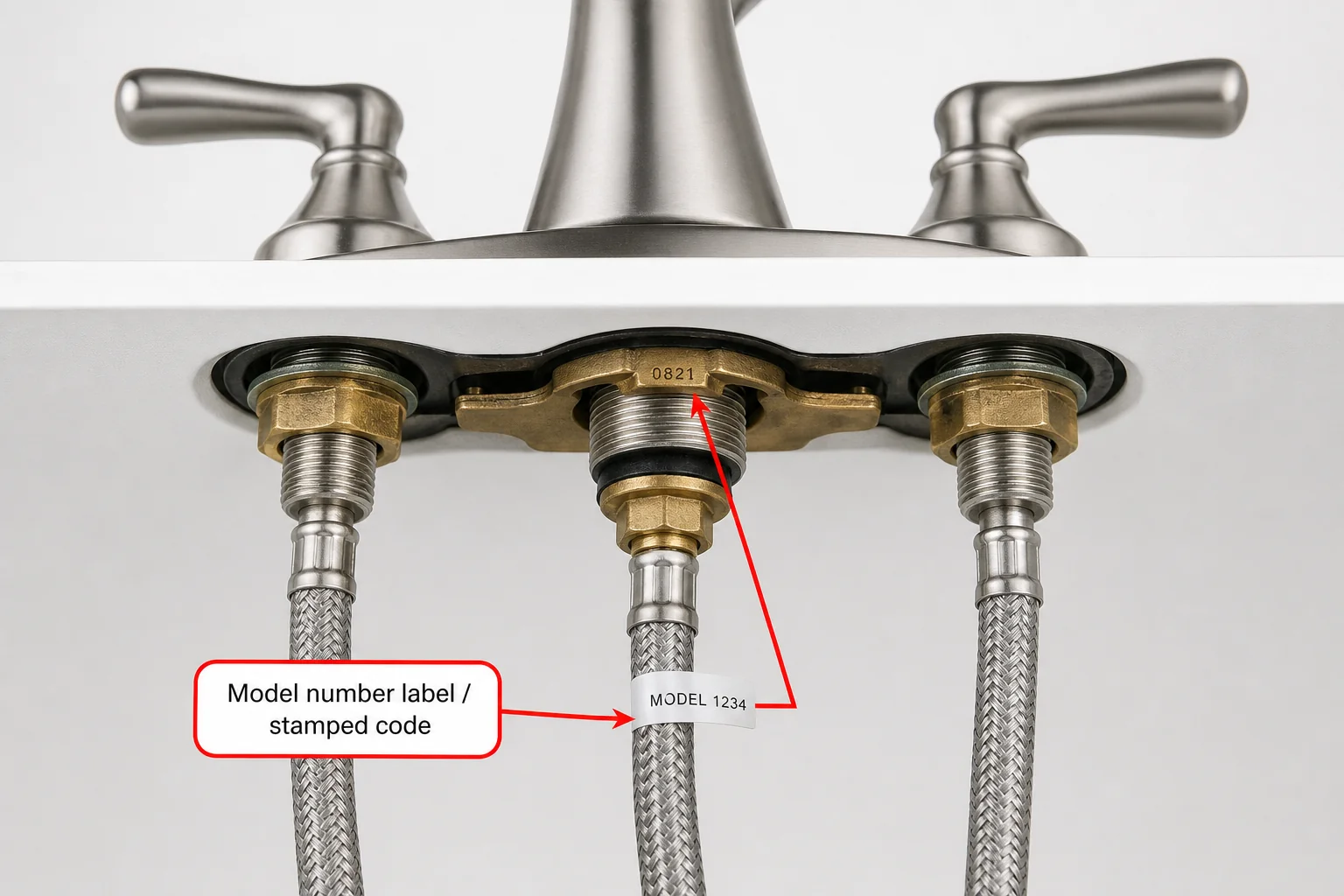 Underside of an American Standard faucet with arrow pointing to the model number location on mounting hardware