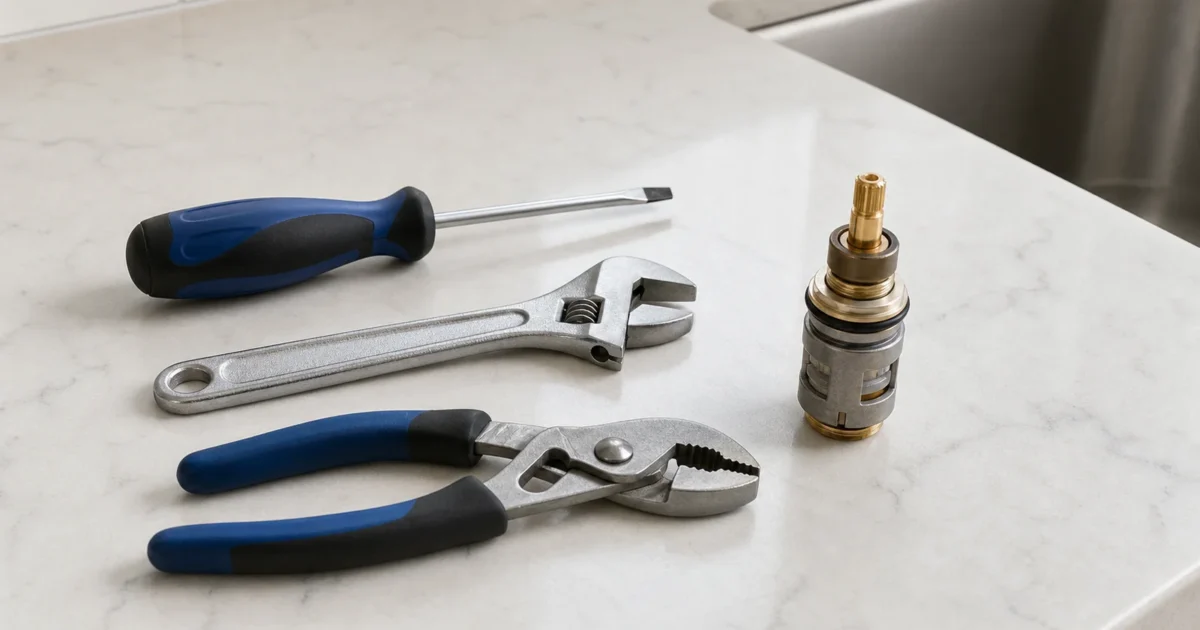 A faucet cartridge and basic hand tools laid out on a counter, illustrating the cost to replace a faucet cartridge