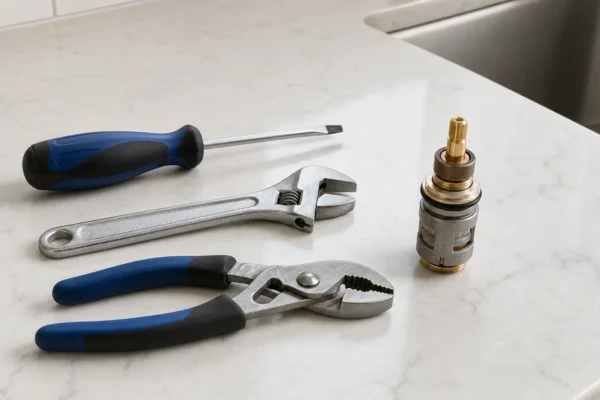 A faucet cartridge and basic hand tools laid out on a counter, illustrating the cost to replace a faucet cartridge