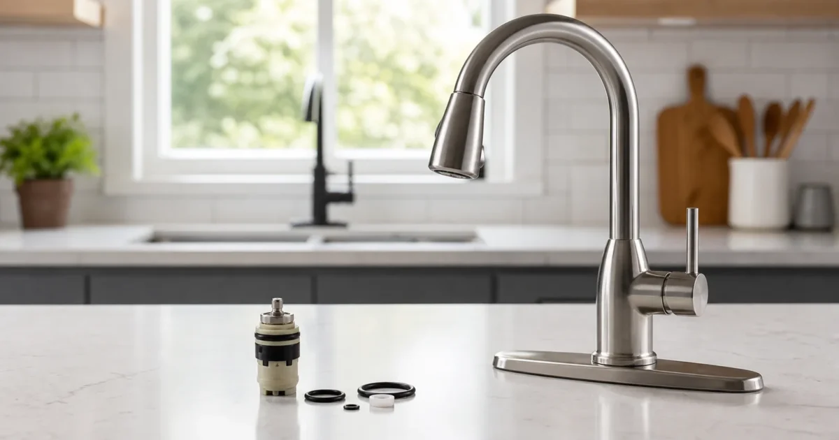 A homeowner comparing a faucet repair part against a full replacement faucet on a kitchen counter, illustrating the cost to repair a faucet