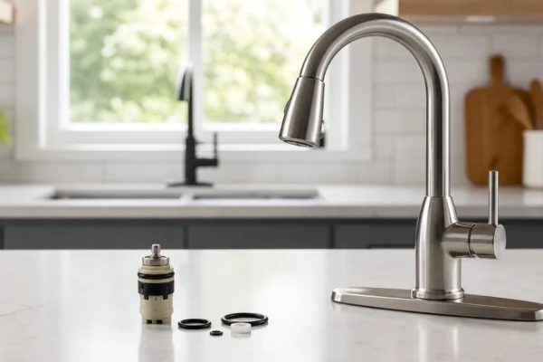 A homeowner comparing a faucet repair part against a full replacement faucet on a kitchen counter, illustrating the cost to repair a faucet