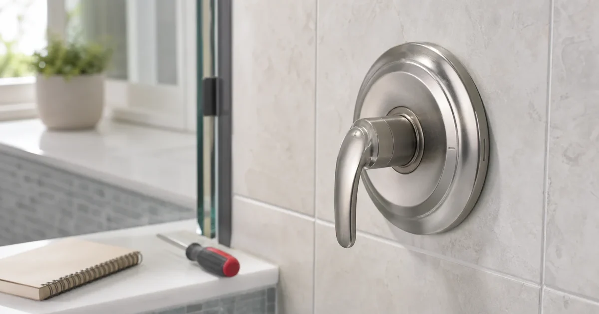 How to identify your Delta shower valve: homeowner inspecting handle and escutcheon trim on a Delta MultiChoice shower valve to determine the correct RP cartridge number