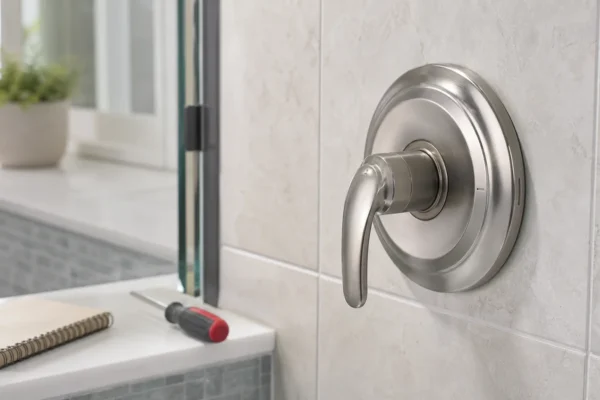 How to identify your Delta shower valve: homeowner inspecting handle and escutcheon trim on a Delta MultiChoice shower valve to determine the correct RP cartridge number