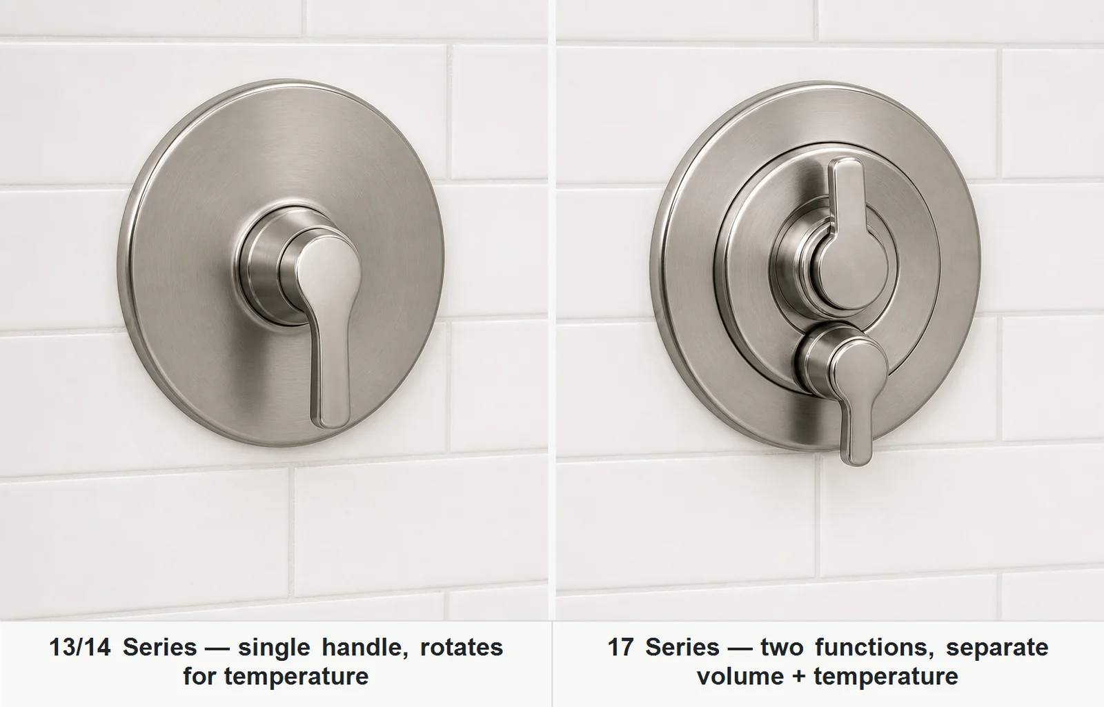 Side-by-side: Delta 13/14 Series single-handle trim (left) vs Delta 17 Series dual-function trim with separate volume and temperature handles (right)