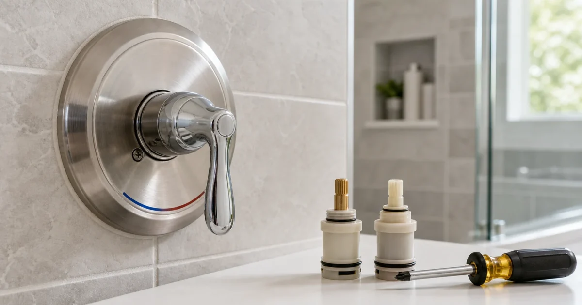 How to identify your Moen shower valve: homeowner inspecting Moen Posi-Temp shower handle and escutcheon trim to determine the correct 1222 or 1225 cartridge
