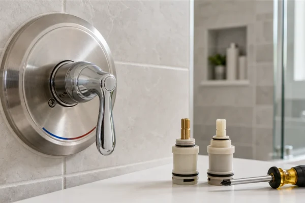How to identify your Moen shower valve: homeowner inspecting Moen Posi-Temp shower handle and escutcheon trim to determine the correct 1222 or 1225 cartridge