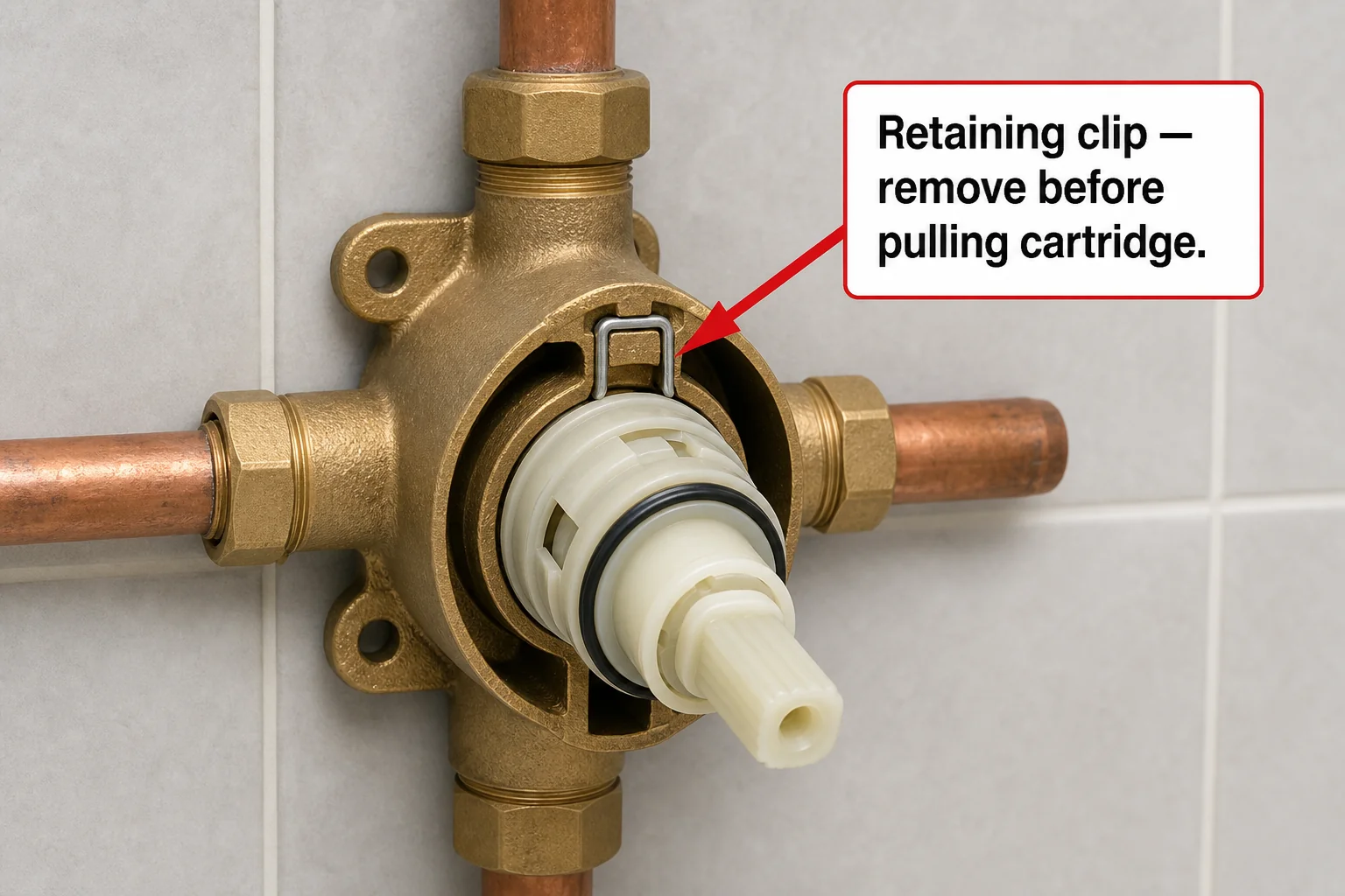 Moen 1222 Posi-Temp cartridge in valve body with retaining clip highlighted — the clip must be removed before the cartridge can be pulled