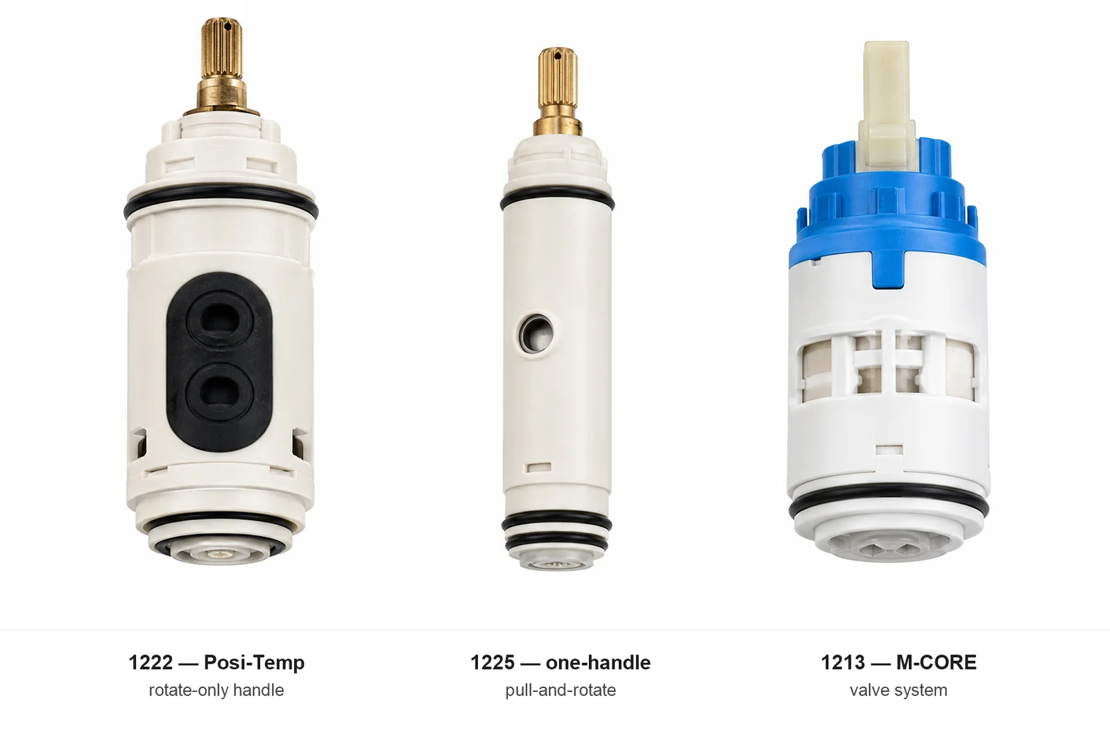 Three Moen shower cartridges side by side: 1222 Posi-Temp (left), 1225 one-handle (center), and 1213 M-CORE (right) — the three most common Moen shower cartridge families