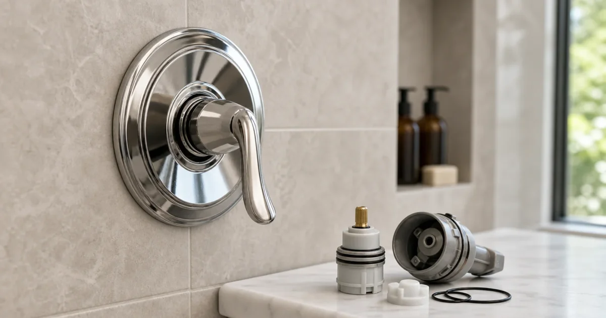 How to identify your Kohler shower valve: homeowner inspecting a Kohler Rite-Temp shower handle and escutcheon trim to determine the correct valve and cartridge kit