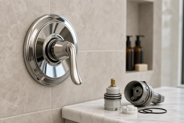 How to identify your Kohler shower valve: homeowner inspecting a Kohler Rite-Temp shower handle and escutcheon trim to determine the correct valve and cartridge kit