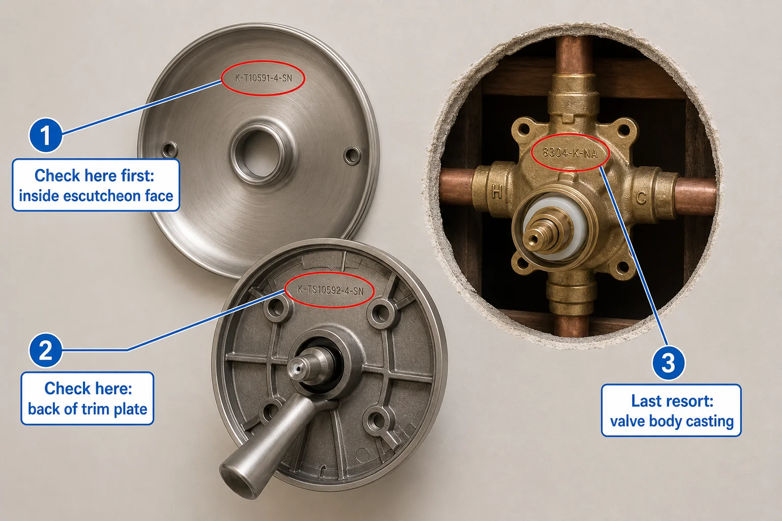 Diagram showing where to look for a stamped Kohler model number: inside the escutcheon face, the back of the trim plate, and the valve body casting