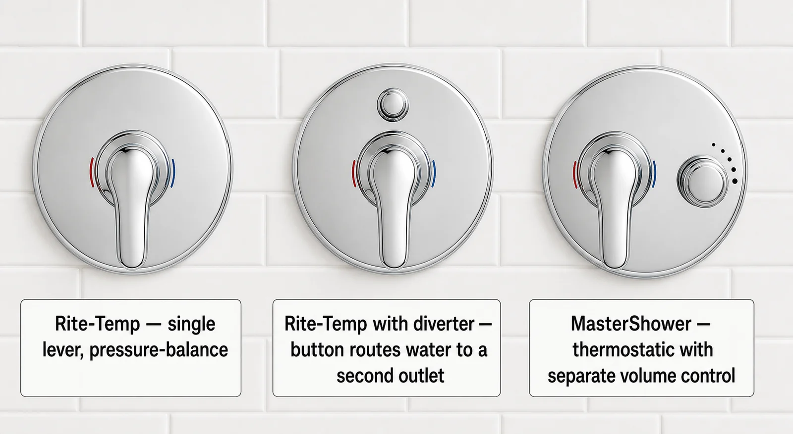 Three Kohler shower trim styles side by side: Rite-Temp single lever, Rite-Temp with push-button diverter, and MasterShower thermostatic with separate volume control