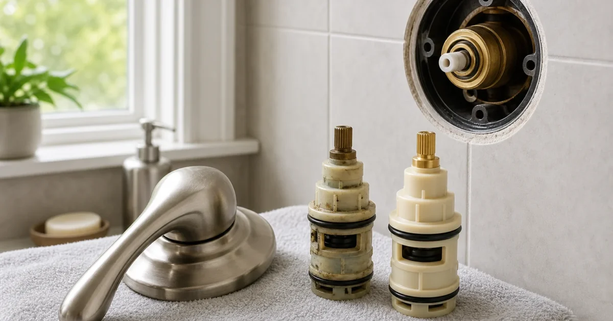 How to identify your Pfister shower valve: homeowner inspecting a Pfister shower handle and cartridge to confirm the correct replacement part