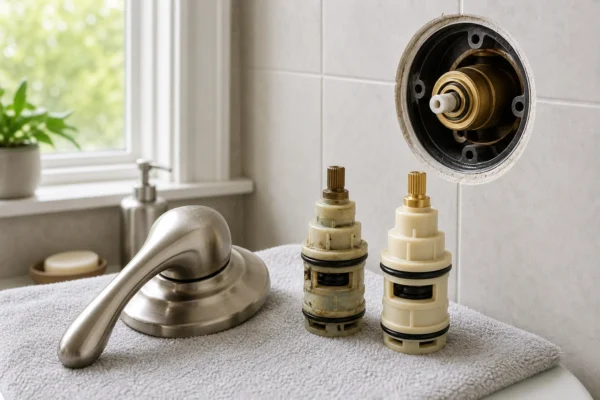 How to identify your Pfister shower valve: homeowner inspecting a Pfister shower handle and cartridge to confirm the correct replacement part
