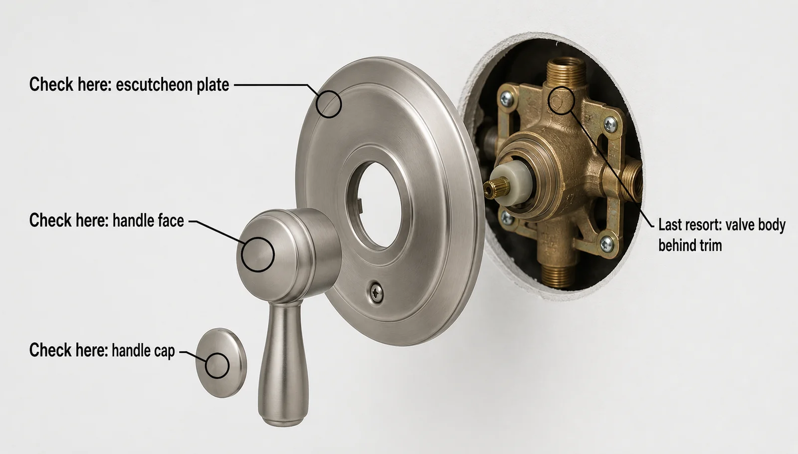 Diagram showing where to look for a Pfister brand mark or model number: handle face, handle cap, escutcheon plate, and valve body