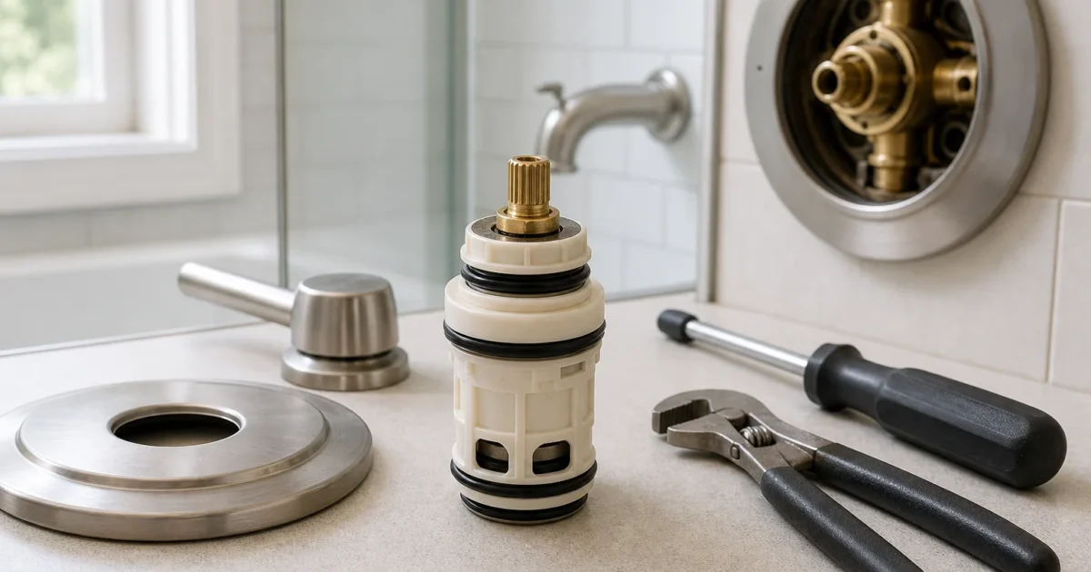 How to identify your American Standard shower valve: homeowner inspecting a removed shower cartridge to confirm the correct replacement part