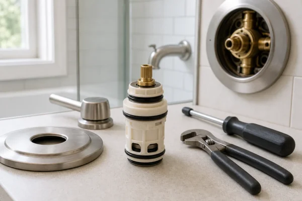 How to identify your American Standard shower valve: homeowner inspecting a removed shower cartridge to confirm the correct replacement part