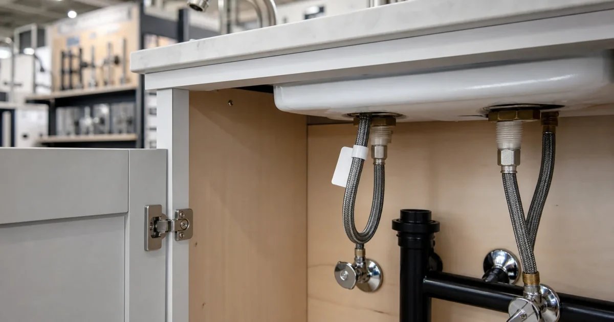 How to identify your Delta faucet: homeowner checking the supply-line tag under a sink for the model number