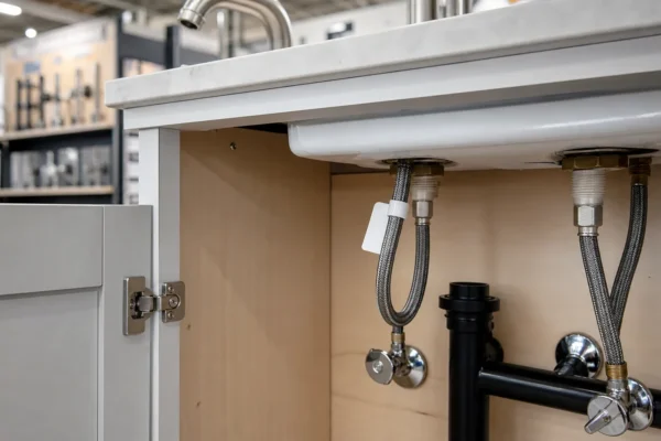 How to identify your Delta faucet: homeowner checking the supply-line tag under a sink for the model number