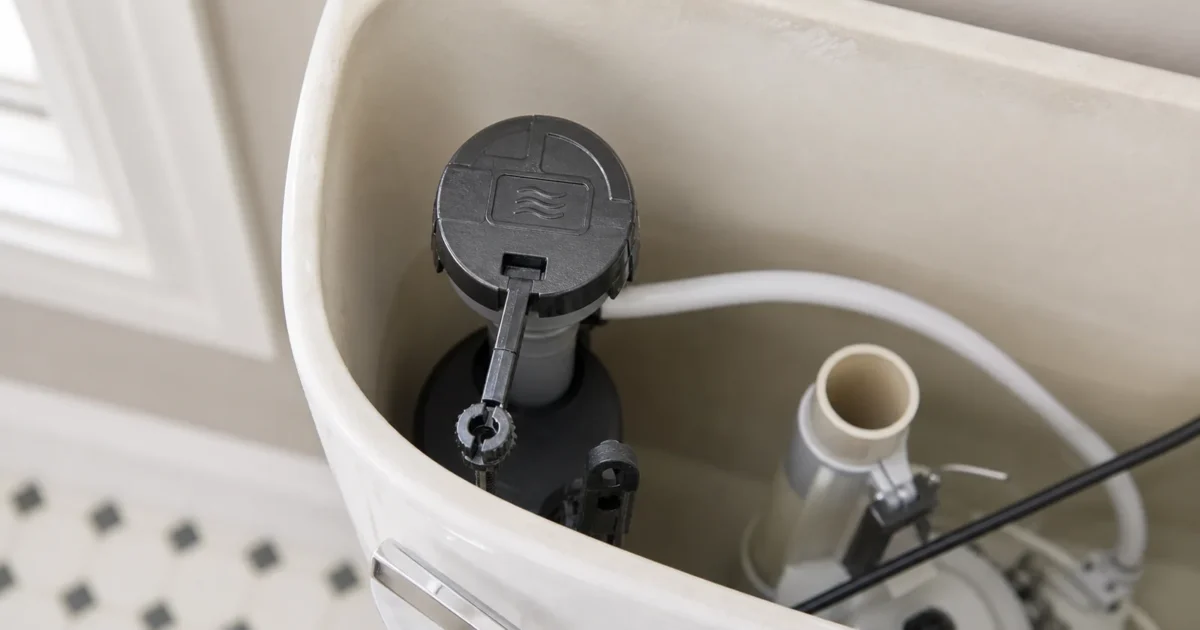 How to identify your toilet fill valve: homeowner reading the molded brand name on a fill valve's top cap inside an open toilet tank