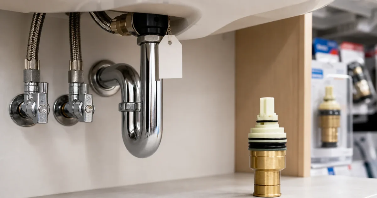 Homeowner reading a Price Pfister model number tag under a bathroom sink to find the correct price pfister faucet cartridge