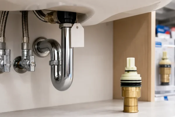 Homeowner reading a Price Pfister model number tag under a bathroom sink to find the correct price pfister faucet cartridge