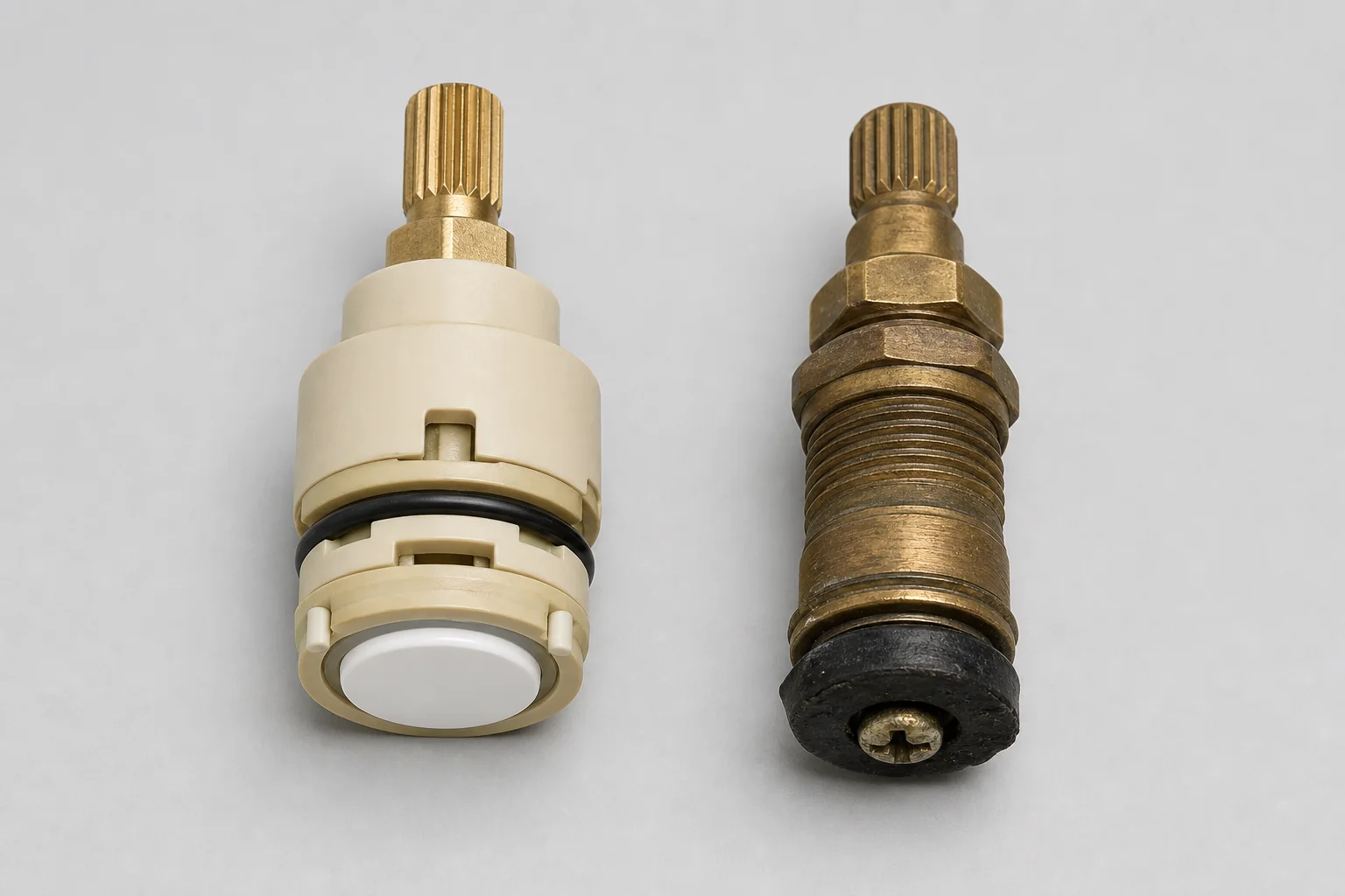 Comparison of a ceramic-disc faucet cartridge and an older compression stem with a rubber washer