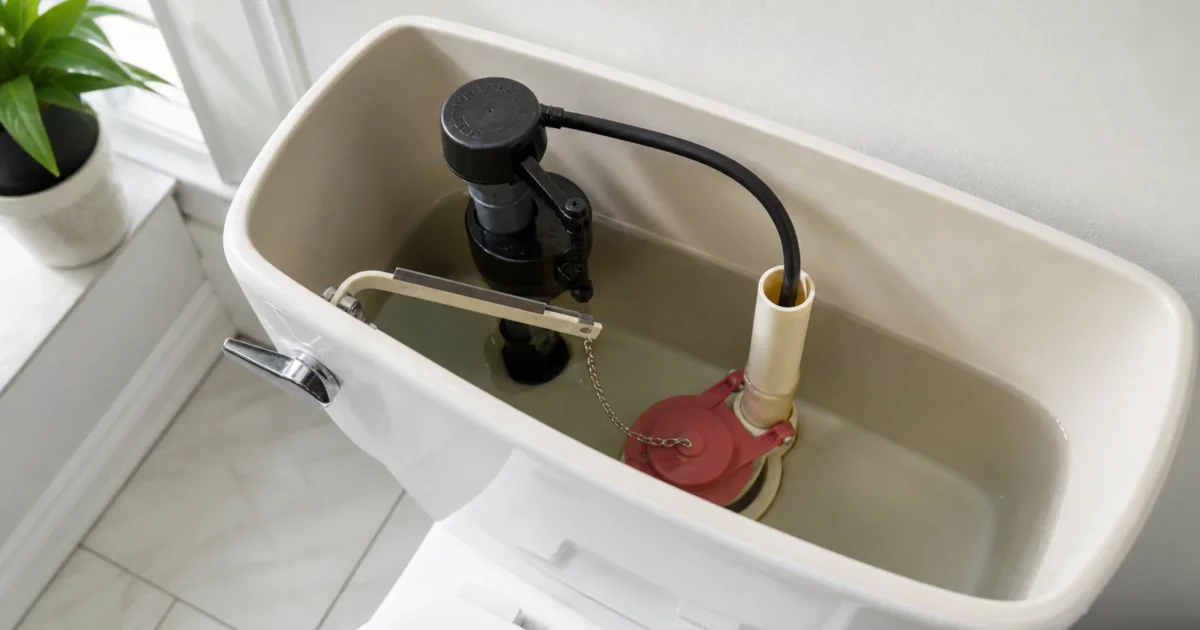 How to identify your toilet flush valve: homeowner looking inside an open toilet tank at the flush valve and flapper