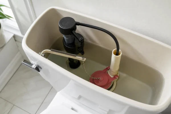 How to identify your toilet flush valve: homeowner looking inside an open toilet tank at the flush valve and flapper