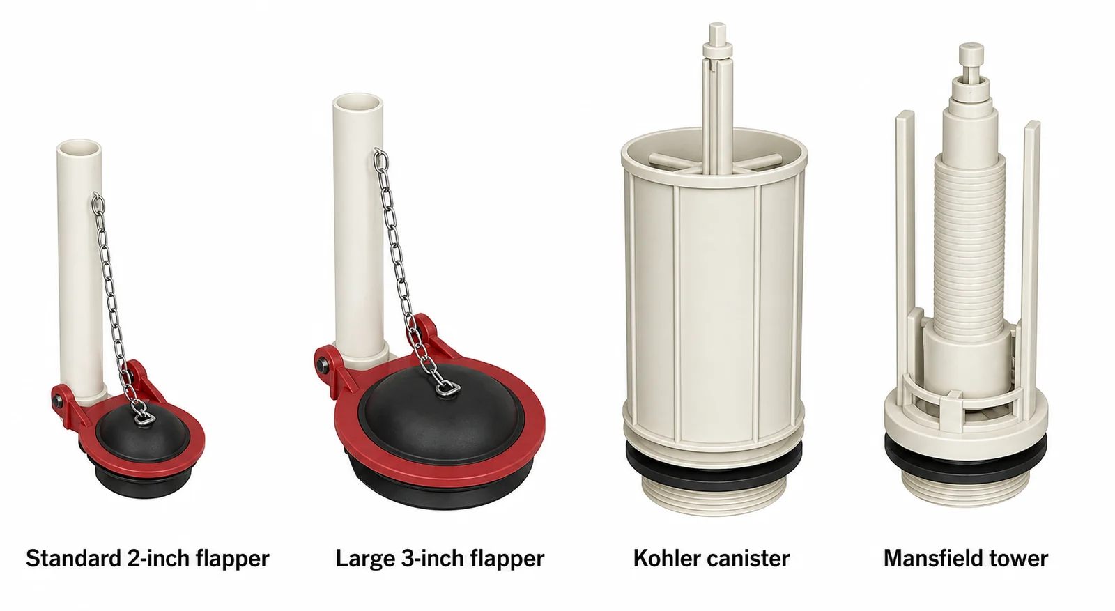 Four toilet flush-valve types compared: standard 2-inch flapper, large 3-inch flapper, Kohler canister, and Mansfield tower