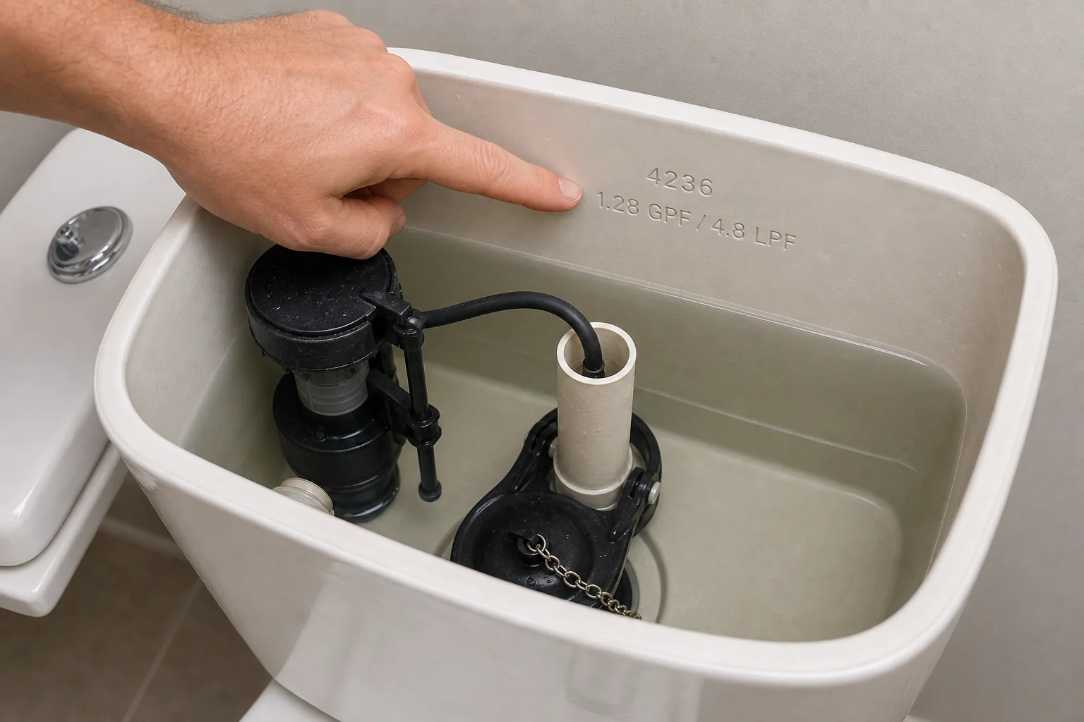 Inside a toilet tank: the model number and water-use rating stamped on the back wall above the water line