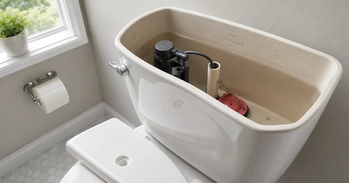 How to identify your toilet flapper by brand: homeowner reading the tank model number inside an open toilet tank