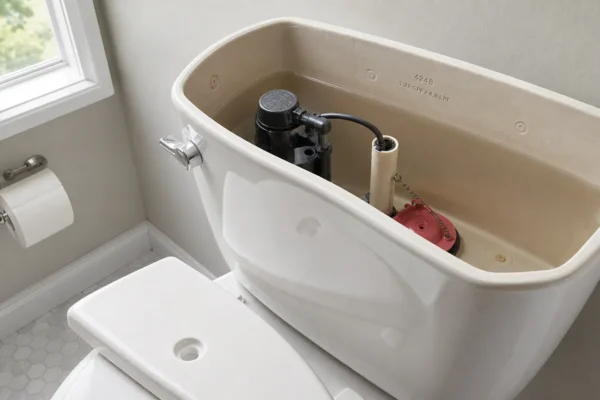 How to identify your toilet flapper by brand: homeowner reading the tank model number inside an open toilet tank