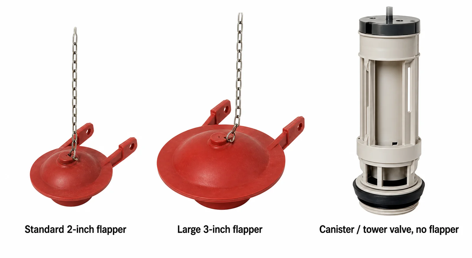 Three toilet flush-valve styles compared: standard 2-inch flapper, large 3-inch flapper, and canister/tower valve