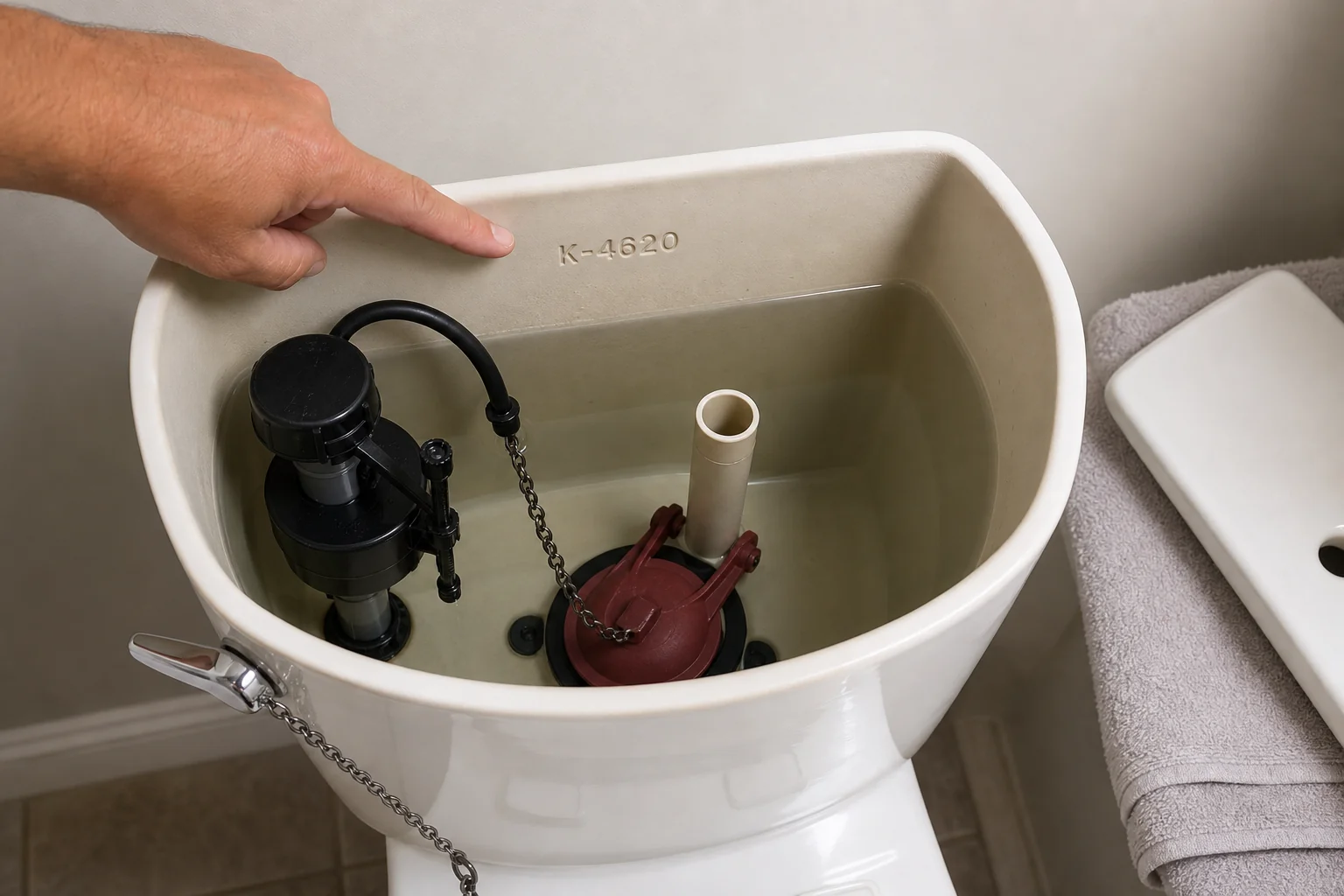 Inside a toilet tank: the tank model number stamped on the back wall, with the flapper visible at the bottom
