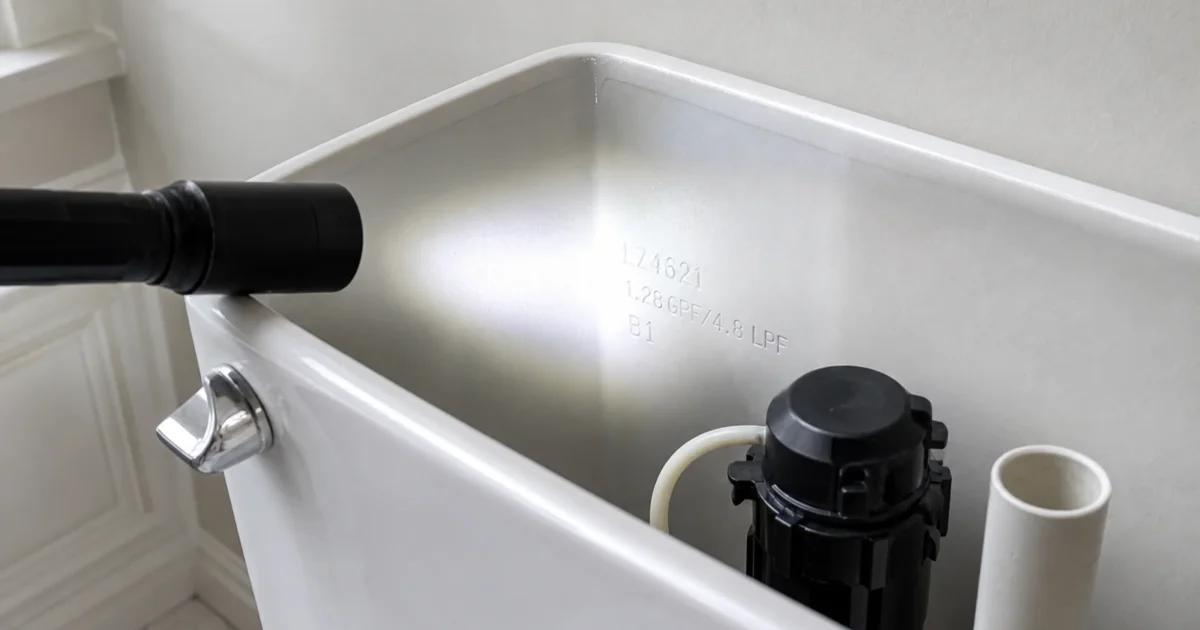 How to find your toilet model number: a flashlight held at an angle to read a stamped model number on the inside back wall of a toilet tank